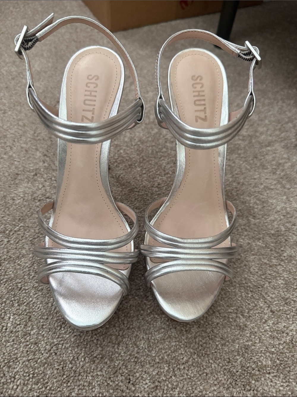 SCHUTZ Metallic Silver Multi-Strap Ankle-Heel Sandals